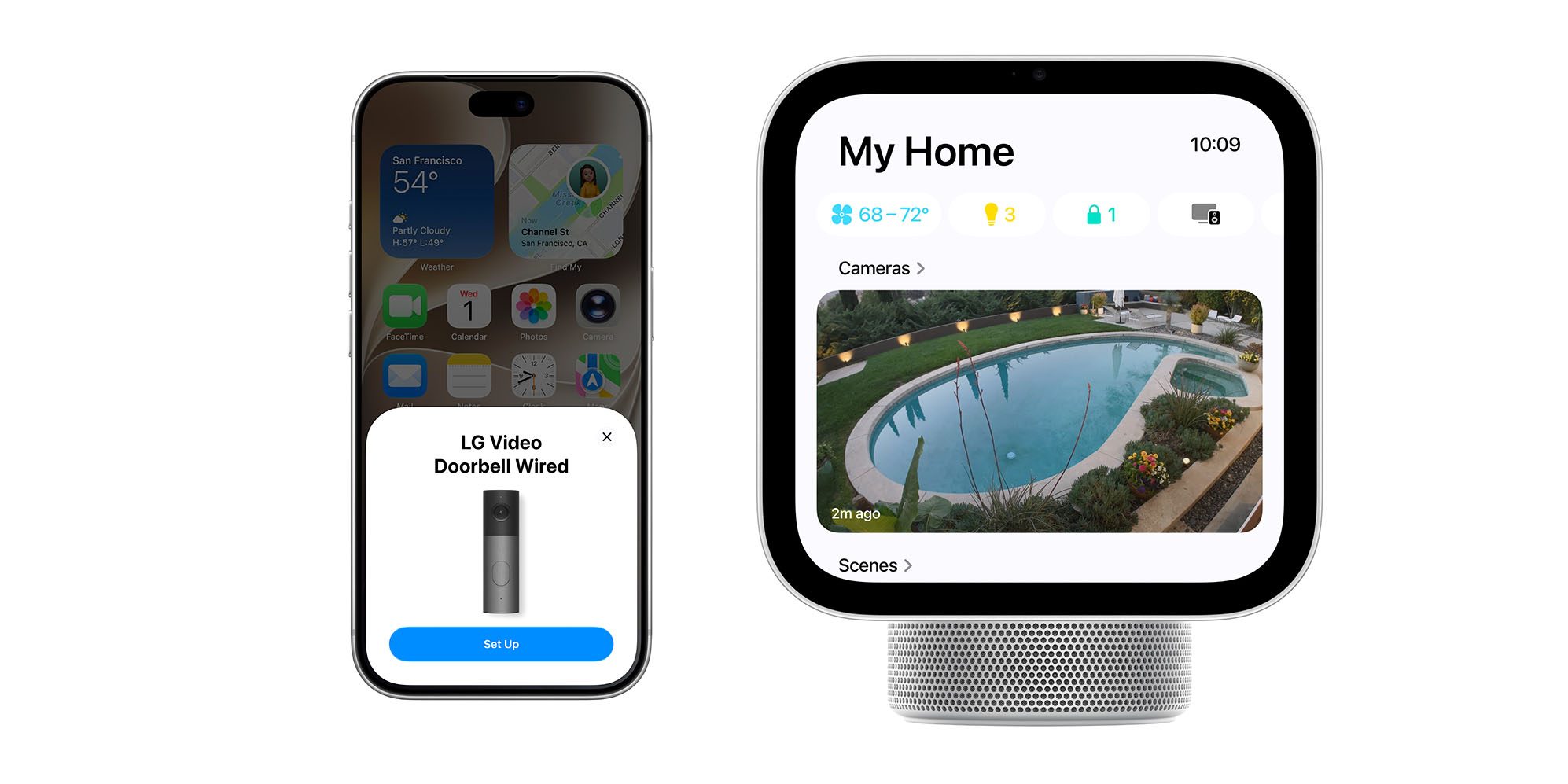 Why the Apple Home Collection will accelerate smart home adoption | Image shows an iPhone with the LG doorbell setup on the left and HomeView with a camera view on the right